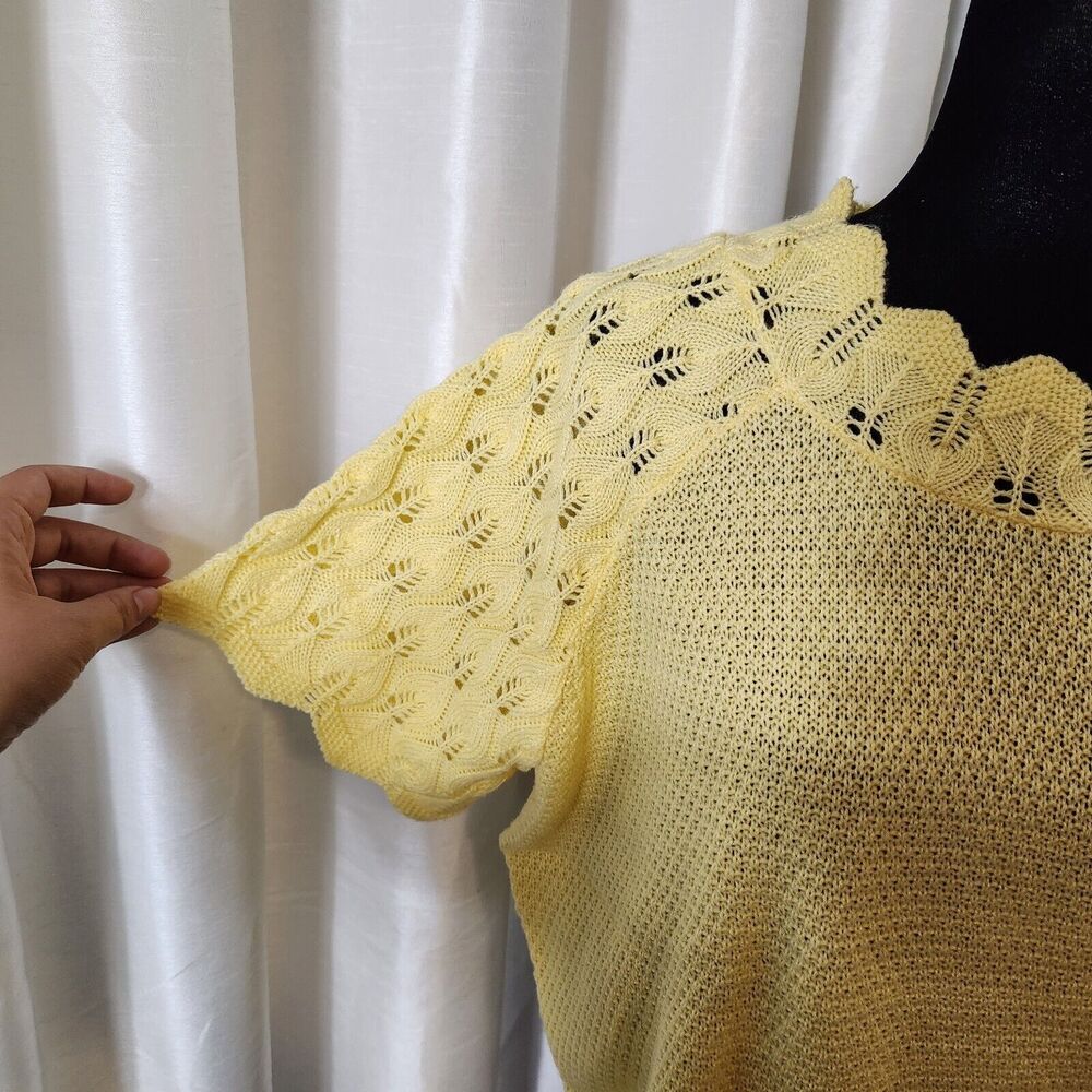 Vintage Sweater Womens L Yellow Soft Crochet Waffle Knit Cottagecore Grandma USA - Picture 3 of 9